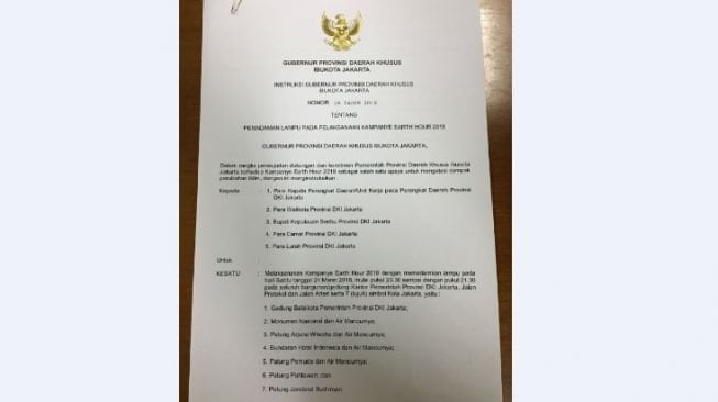 Surat Edaran Nomor 5/SE/2018 dan Instruksi Gubernur Nomor 28 Tahun 2018 tentang Pemadaman Lampu Pada Pelaksanaan Kampanye Earth Hour 2018. [Kadis Lingkungan Hidup DKI Jakarta] 