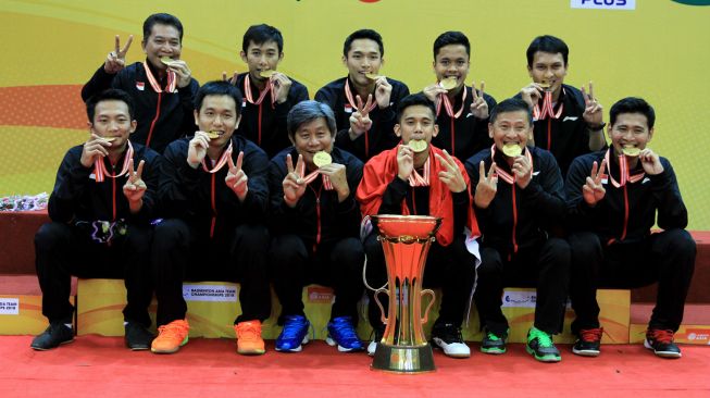 Tim bulutangkis putra Indonesia menjadi juara di Badminton Asia Team Championship 2018 di Alor Setar Malaysia, Minggu (11/2/2018). [Humas PBSI]