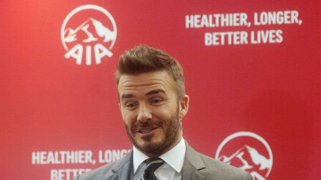 Mantan pesepakbola Manchester United dan Real Madrid David Beckham saat sesi temu media di Jakarta, Senin (26/3). 