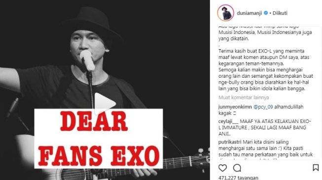 Postingan Anji di Instagram soal lagu plagiat EXO.