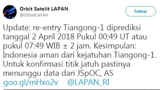 Postingan LAPAN peninjauan jatuhnya Tiangong-1. [Twitter]