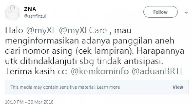 Postingan netizen terima panggilan telepon misterius. [Twitter]