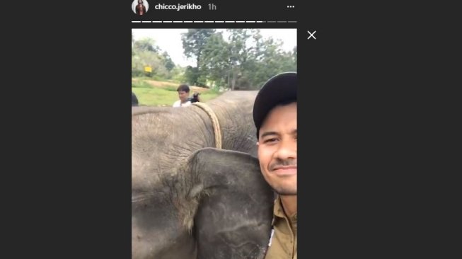 Chicco Jerikho dengan anak gajah di Taman Nasional Way Kambas, Jumat (06/04/2018) [chicco.jerikho/instagram]