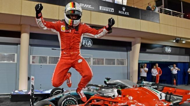 Reaksi pebalap Ferrari Sebastian Vettel usai memenangkan GP Bahrain [AFP]