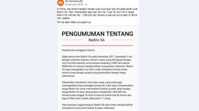 Xiaomi naikkan harga Redmi 5A. [Facebook]