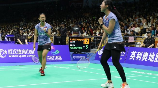 Pasangan ganda putri Indonesia, Rizki Amelia Pradipta/Della Destiara Haris, ke semifinal Badminton Asia Championships (BAC) 2018, Jumat (27/4/2018). [Humas PBSI]