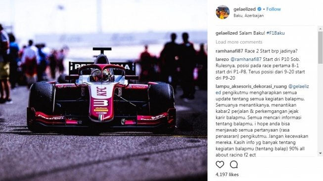 Sean Gelael saat tampil di seri kedua F2 di Sirkuit Baku, Azerbaijan bersama tim Pertamina Prema Theodore Racing. [Instagram@gelaelized]