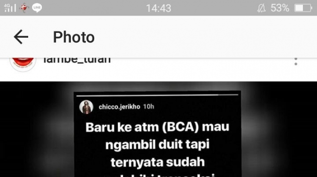 Chicco Jerikho kehilangan uang di ATM BCA. (Akun Instagram Lambe Turah)