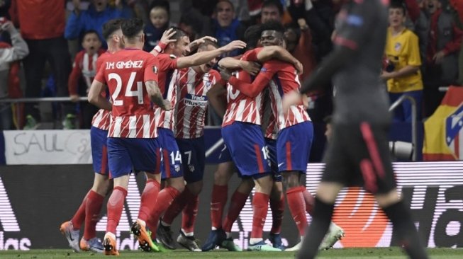 Pemain Atletico Madrid rayakan gol Diego Costa ke gawang Arsenal di semifinal leg kedua Liga Europa di Estadio Wanda Metropolitano, Madrid, Jum'at (4/5/2018) [AFP]