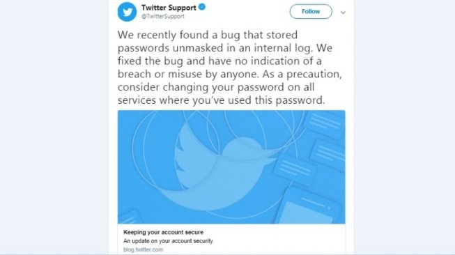Himbauan ubah password Twitter. [Twitter]