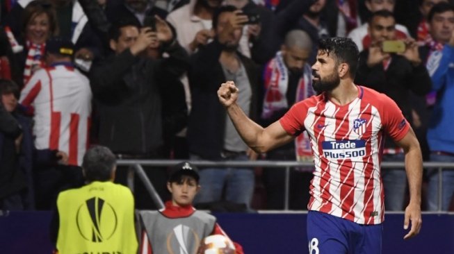 Diego Costa rayakan golnya ke gawang Arsenal di leg kedua semifinal Liga Europa yang digelar di Estadio Wanda Metropolitano, Jum'at (4/5/2018) [AFP]