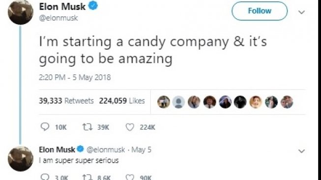 Cuitan Elon Musk pingin bangun perusahaan permen. [Twitter]