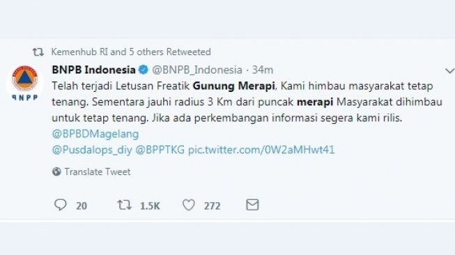 Twitter BNPB tentang letusan Gunung Merapi, Jumat (11/5/2018). [Twitter]