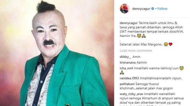 Komedian Denny Cagur ungkapkan belasungkawa atas meninggalnya Gogon Srimulat (@dennycagur/instagram).