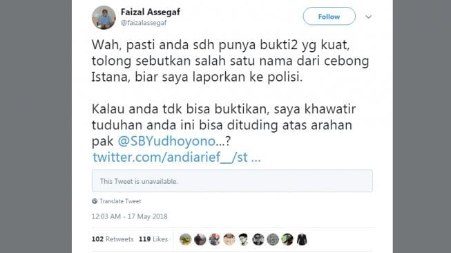 Tweet Andi Arief  (Twiiter @faizalassegaf)