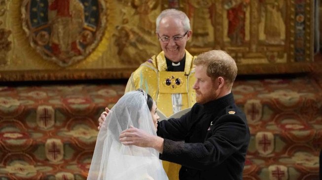 Pernikahan Pangeran Harry dan Meghan Markle di Kapel St. George, kastil Windsor, London, Inggris. Sabtu (19/5).