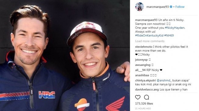 Postingan Marc Marquez mengenang Nicky Hayden. [Instagram@marcmarquez93]