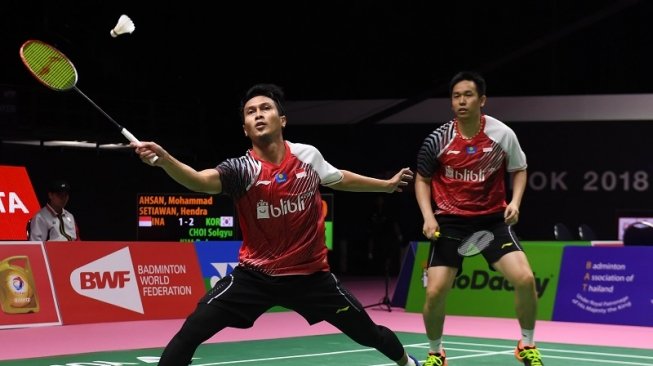 Pasangan ganda putra Indonesia, Mohammad Ahsan (kiri) dan Hendra Setiawan (ANTARA FOTO/Puspa Perwitasari)