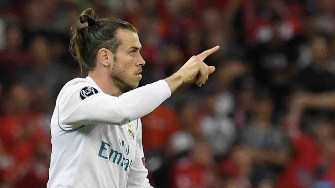 Ekspresi gol winger Real Madrid Gareth Bale dalam pertandingan Real Madrid vs Liverpool di final Liga Champions, di Stadion NSK Olimpiyskiy, Kiev, Minggu (27/5).