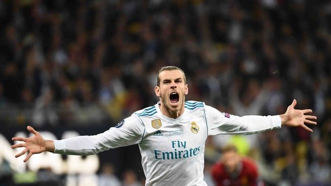 Ekspresi gol winger Real Madrid Gareth Bale dalam pertandingan Real Madrid vs Liverpool di final Liga Champions, di Stadion NSK Olimpiyskiy, Kiev, Minggu (27/5).