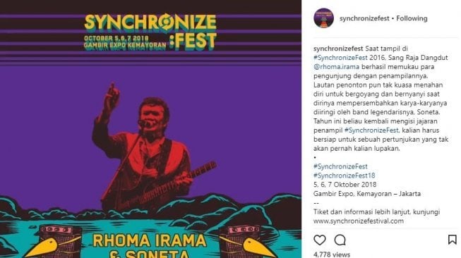 Rhoma Irama & Soneta Group akan beraksi di Synchronize Festival 2018 (instagram)