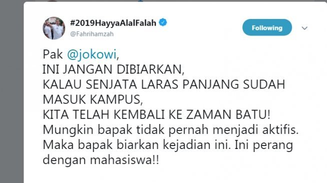 Tweet Fahri Hamzah protes Densus 88 masuk kampus