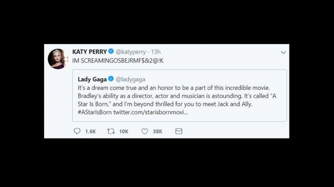 Katy Perry dan kicauan twitternya soal film Lady Gaga (katyperry/twitter).