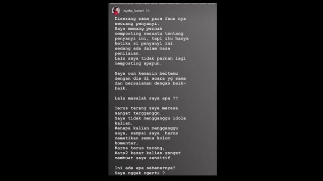 Mytha Lestari status Instagam story (lambenyinyir/instagram).