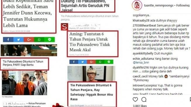 Pendapat warganet terkait perbedaan hukuman Tio dan Jedun (instagram).