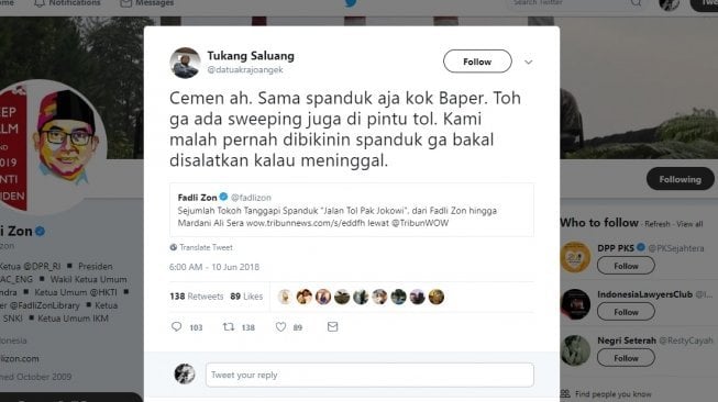 Netizen mengomentari Fadli Zon soal Jalan Tol Pak Jokowi.