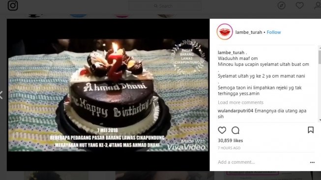 Kue ultah dari pedagang pasar Cikapundung tuntut Ahmad Dhani bayar hutang, Juni 2018 (lambe_turah/instagram).