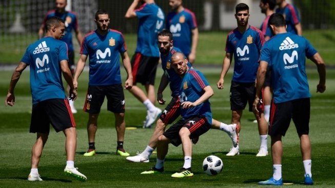 Pemain timnas Spanyol mengikuti sesi latihan jelang bergulirnya putaran final Piala Dunia 2018 [AFP]