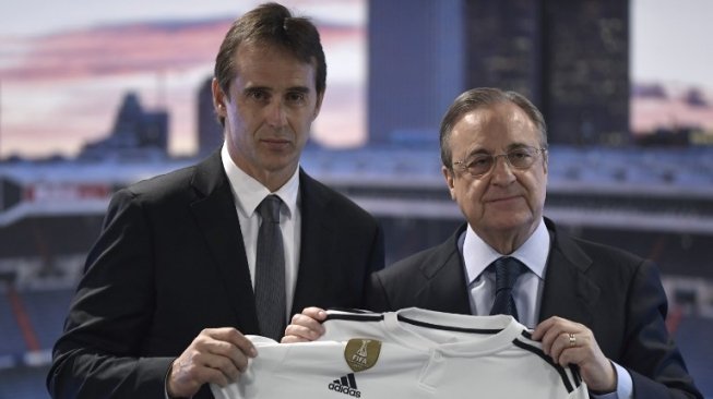 Julen Lopetegui diperkenalkan sebagai pelatih baru Real Madrid oleh president Florentino Perez di Santiago Bernabeu. OSCAR DEL POZO / AFP