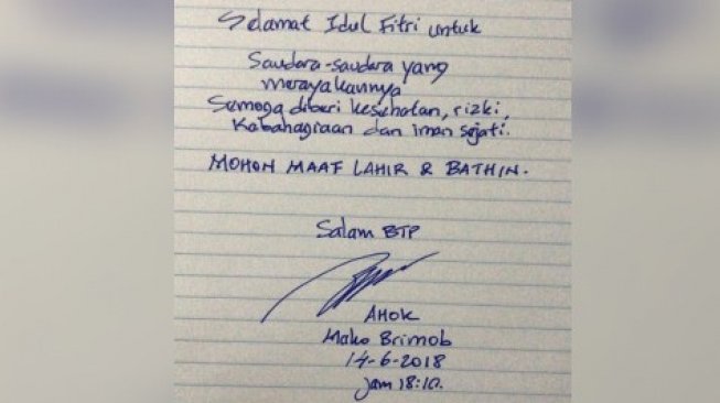 Salam Idul Fitri Ahok. (Sumber: Instagram)