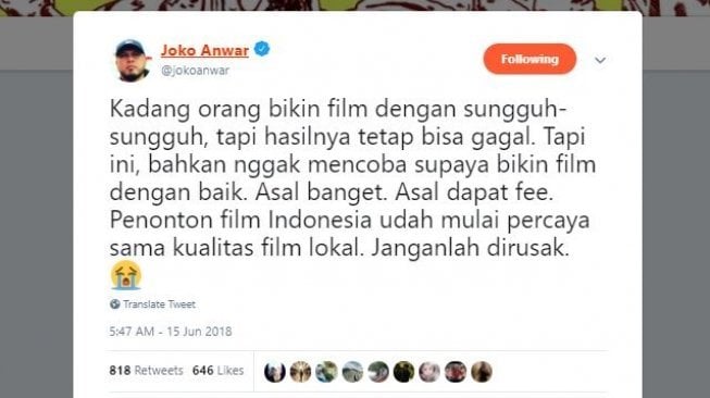 Cuitan Joko Anwar (@jokoanwar/twitter).