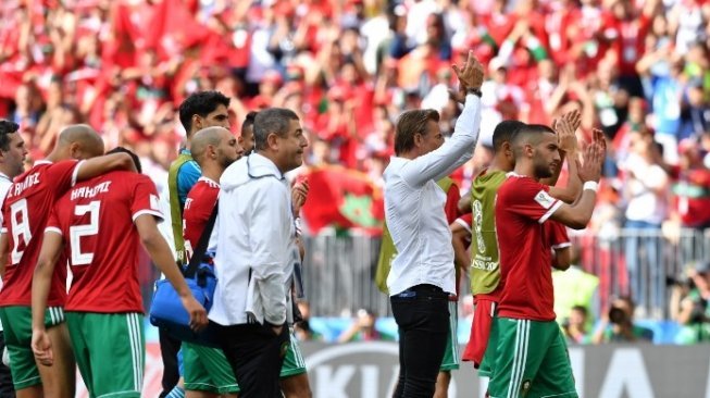 Reaksi pemain Maroko setelah ditumbangkan Portugal di laga kedua Grup B Piala Dunia 2018 yang berlangsung di Stadion Luzhniki, Rabu (20/6/2018) [AFP]