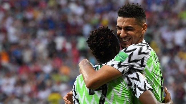 Pemain Nigeria Ahmed Musa rayakan gol ke gawang Islandia, Jum'at (22/6/2018) [AFP]