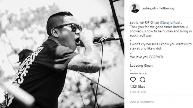 Ucapan dukacita Ginan, vokalis band jeruji (@satria_nb/instagram).