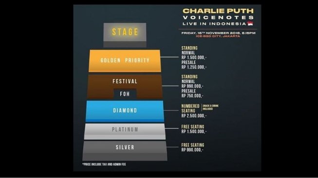 Charlie Puth dan harga tiket konser (@fullcolorparty/instagram).