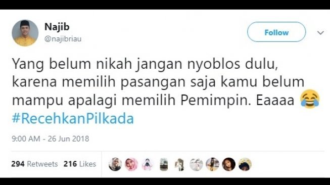 Postingan cuitan #RecehkanPilkada. [Twitter]