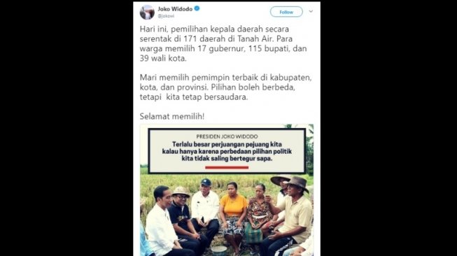 Cuitan Presiden Jokowi yang menghimbau masyarakat Indonesia menggunakan hak pilihnya. [Twitter]