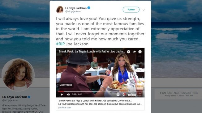 La Toya Jackson berduka atas kepergian sang ayah, Joe Jackson (@latoyajackson/twitter).