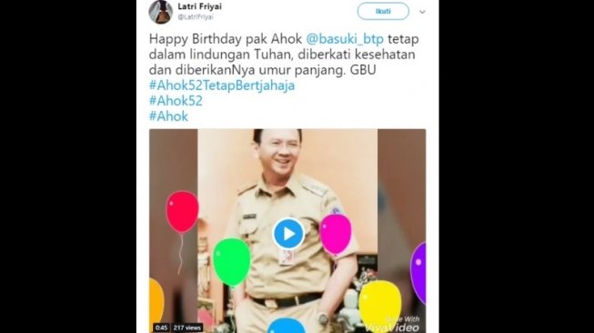 Warganet rayakan Ulang Tahun Ahok. [Twitter]