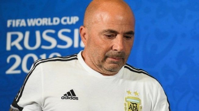 Pelatih Timnas Argentina, Jorge Sampaoli, dalam konferensi pers jelang laga Prancis vs Argentina di Kazan Arena, Rusia, Jumat (29/6), dalam babak 16 Besar Piala Dunia 2018, Sabtu (30/6). [AFP/Jewel Samad]