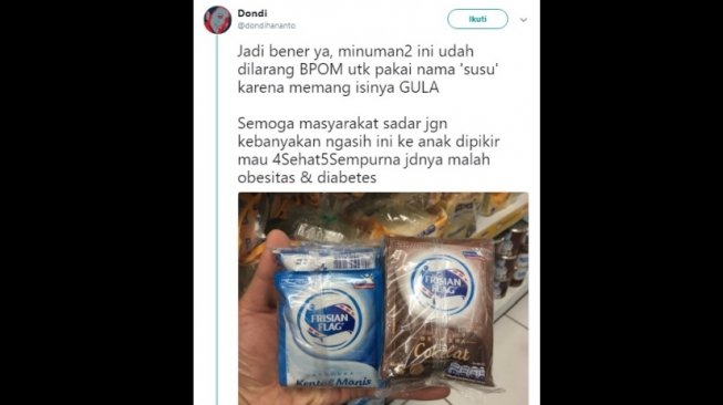 Cuitan warganet perihal susu kental manis. [Twitter]