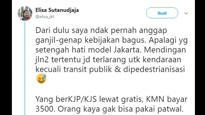 Cuitan warganet perihal aturan Ganjil - Genap. [Twitter]