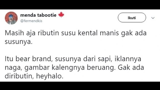 Cuitan warganet perihal susu kental manis. [Twitter]