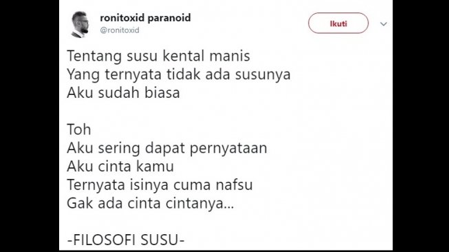 Cuitan warganet perihal susu kental manis. [Twitter]