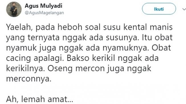 Cuitan warganet perihal susu kental manis. [Twitter]