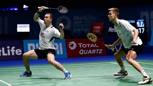 Pasangan ganda putra Denmark, Mads Pieler Kolding/Mads Conrad-Petersen. [AFP]